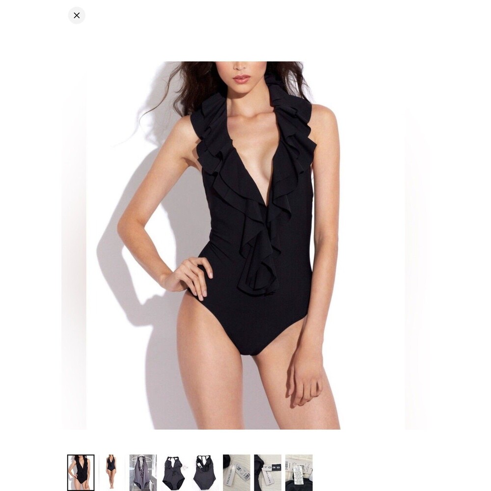 Togs Swimwear Sz 8 Black Tummy Control Ruffle V-Neck One Piece Bathing Suit EUC